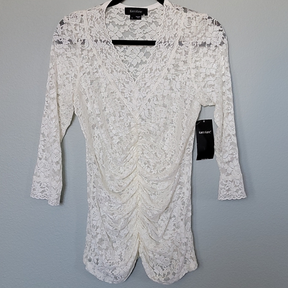 Karen Kane Coquette Balletcore Baddie NWT white shirred sheer lace top large